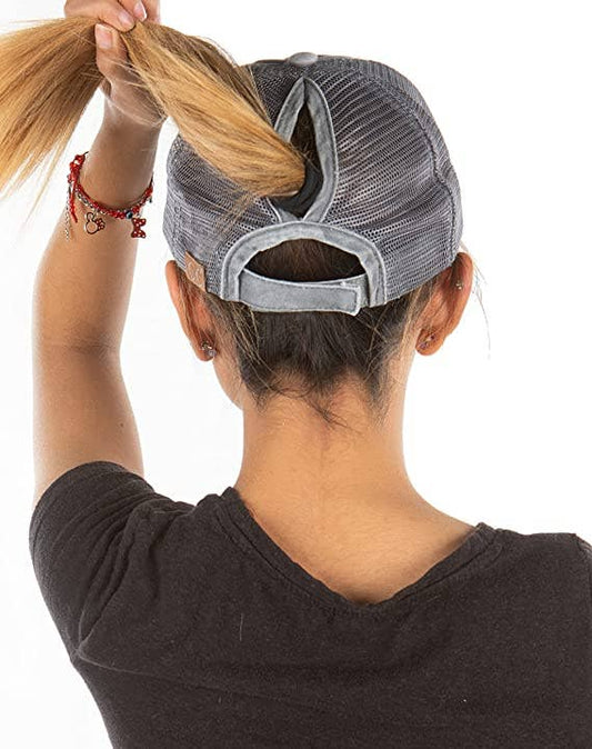 Classic Back Distressed Ponycap (Washed Grey w/Grey Mesh)