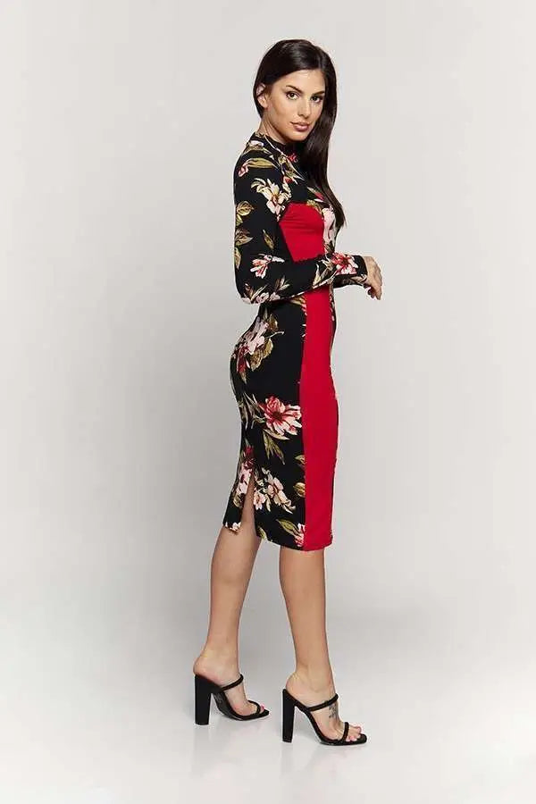 Side Contrast Print Brushed DTY Midi Dress