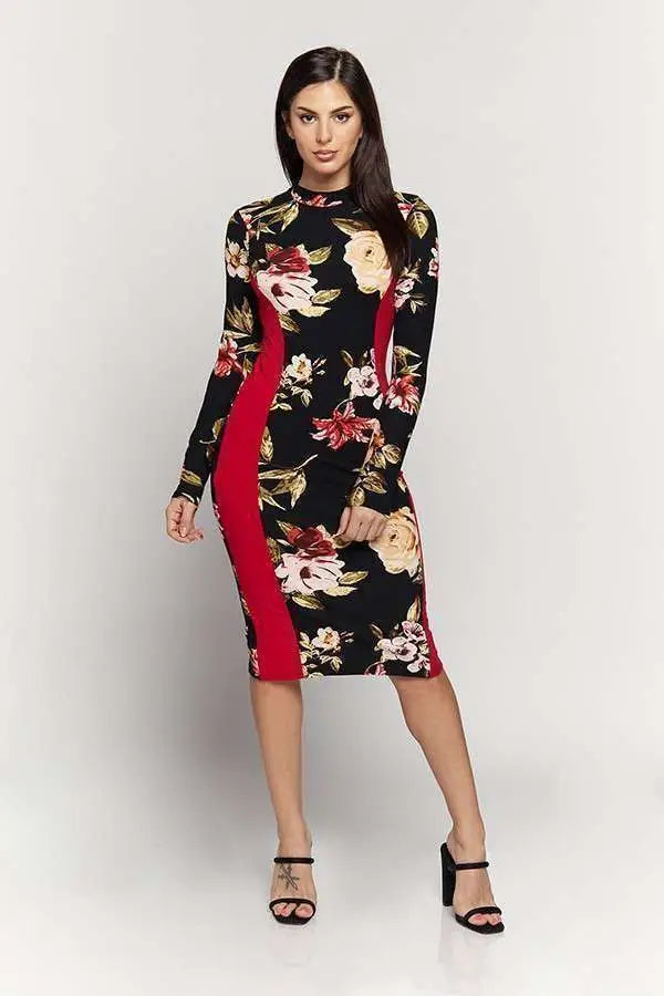Side Contrast Print Brushed DTY Midi Dress