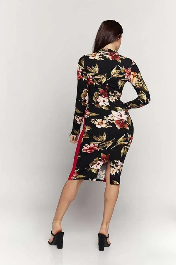 Side Contrast Print Brushed DTY Midi Dress