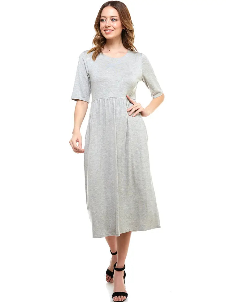 Elastic Waist Midi Dress With Pocket