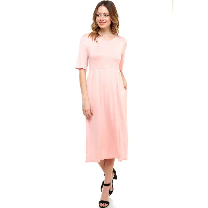 Elastic Waist Midi Dress With Pocket