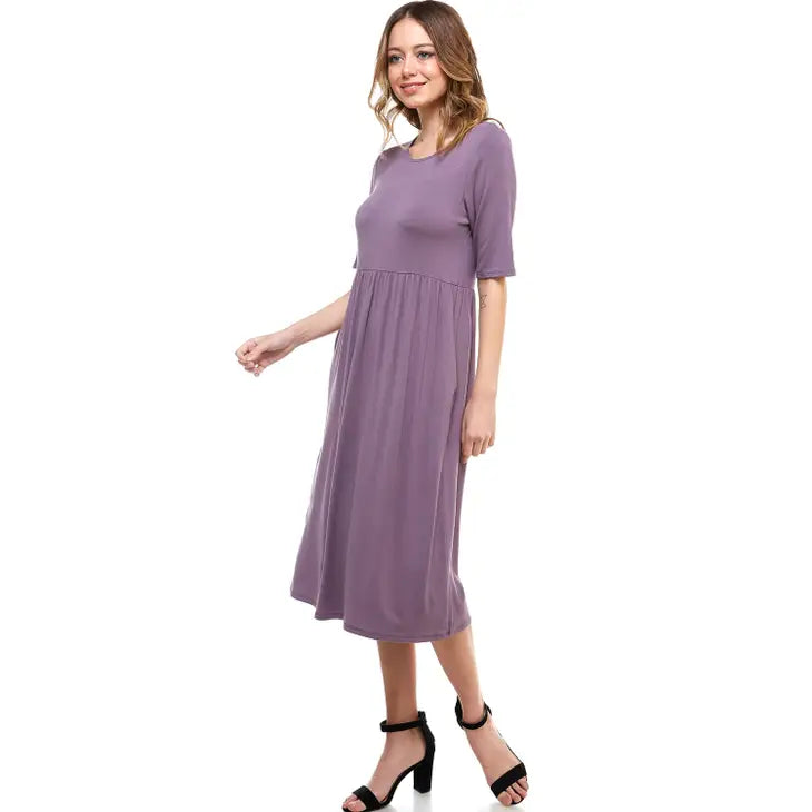Elastic Waist Midi Dress With Pocket