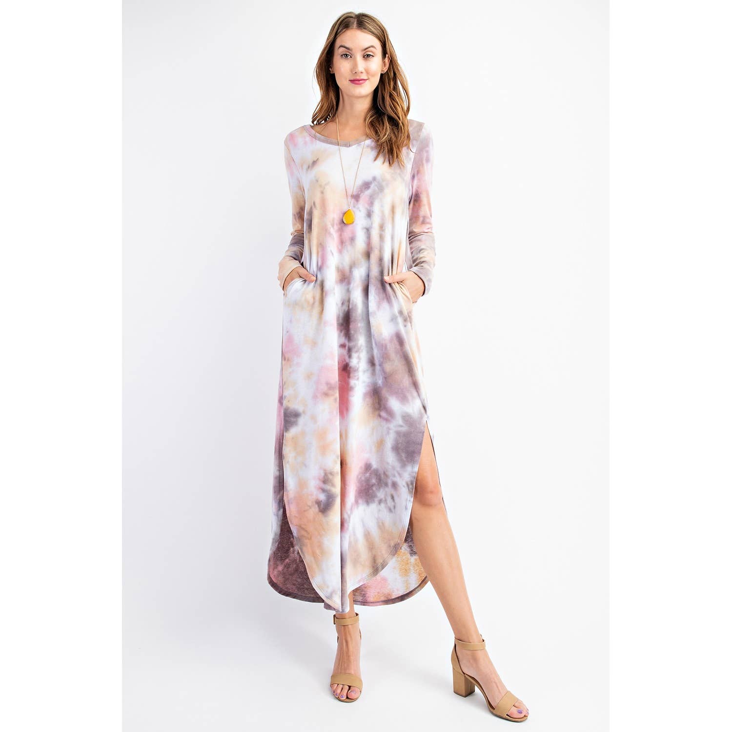 Tie Dye Long Sleeve Maxi Dress - Peach/Mocha 3XL Tie Dye Long Sleeve Maxi Dress - Peach/Mocha 3XL