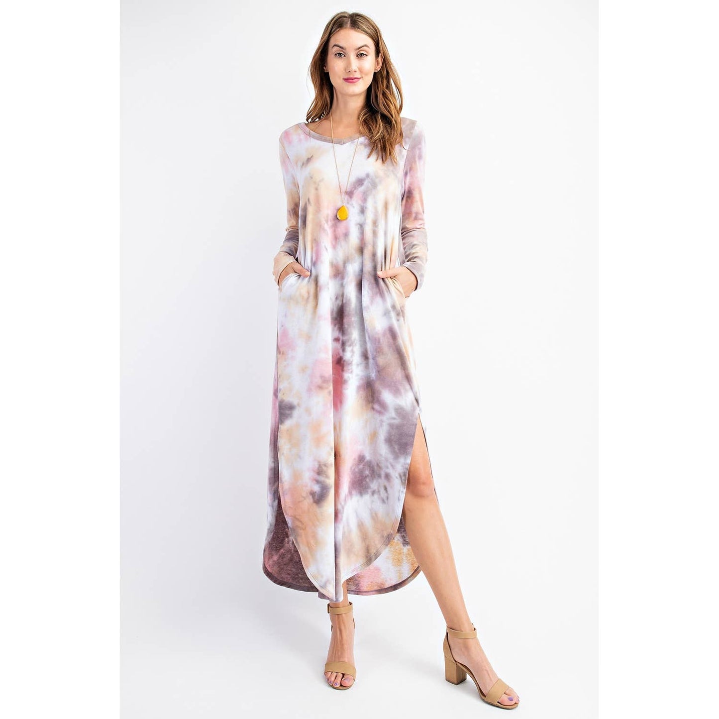 Tie Dye Long Sleeve Maxi Dress - Peach/Mocha
