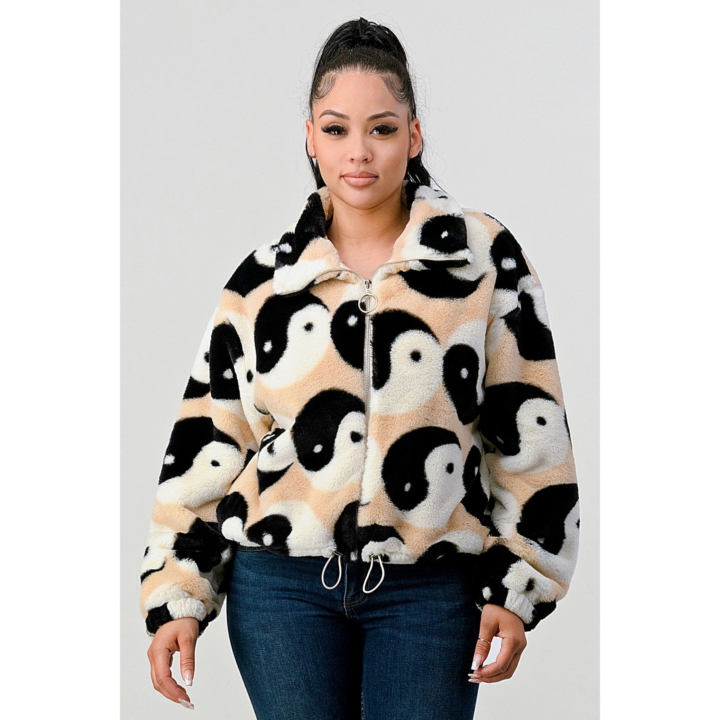 Yin and Yang Print Faux Fur Wide Flat Collar Front Zip Jack