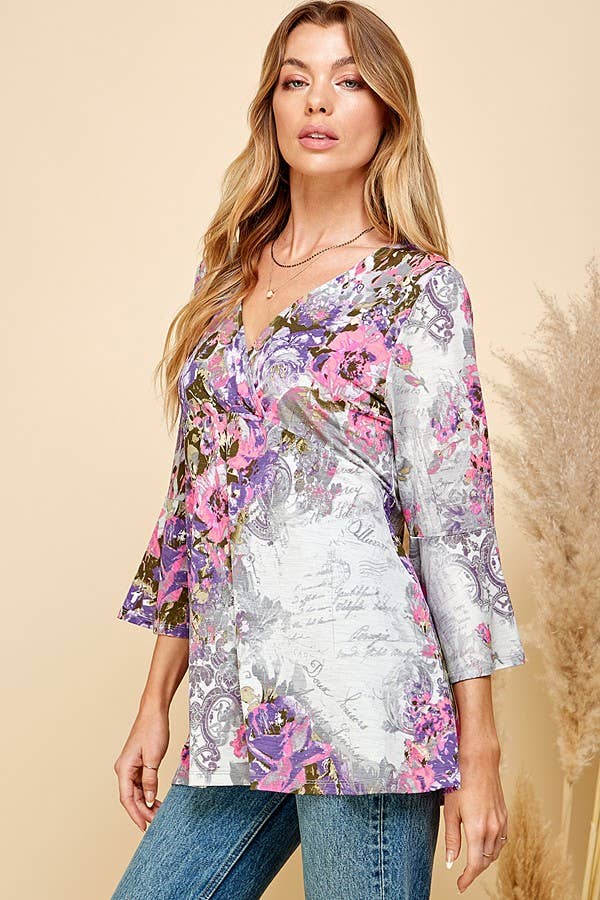 Women Floral Print 3/4 Sleeve Tunic Top