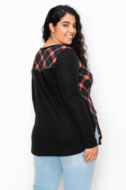 Plus Size Plaid Back Detail V Neck Top