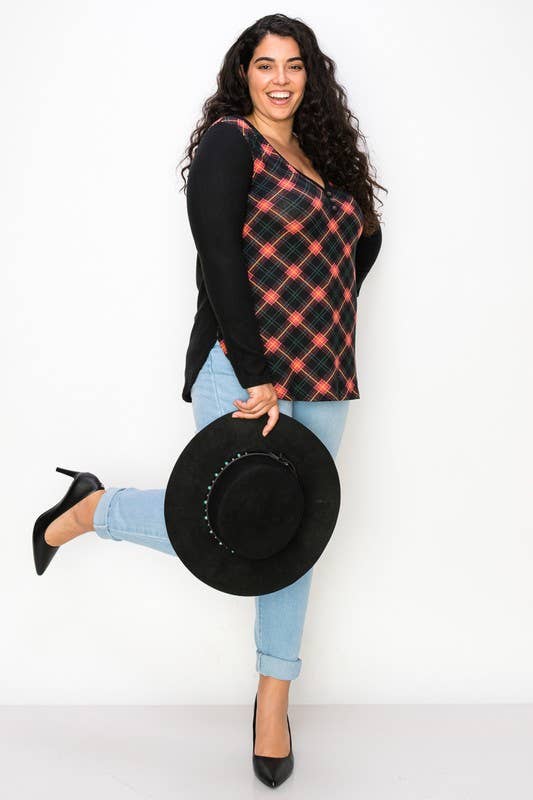 Plus Size Plaid Back Detail V Neck Top