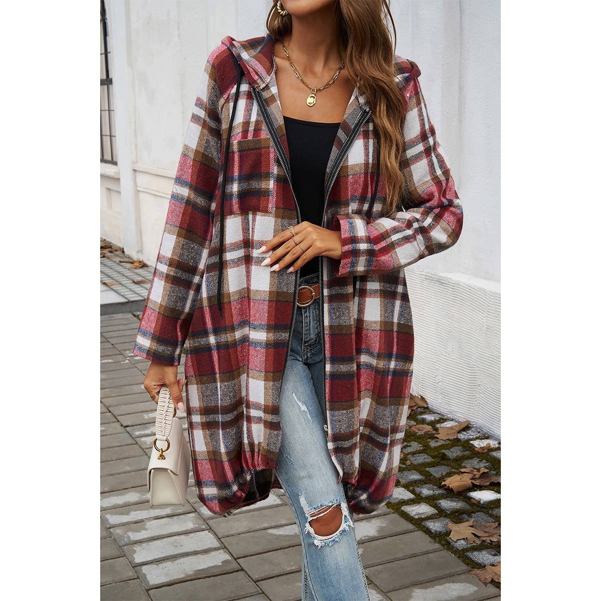 Plaid Zip Up Pockets Long Hooded Coat
