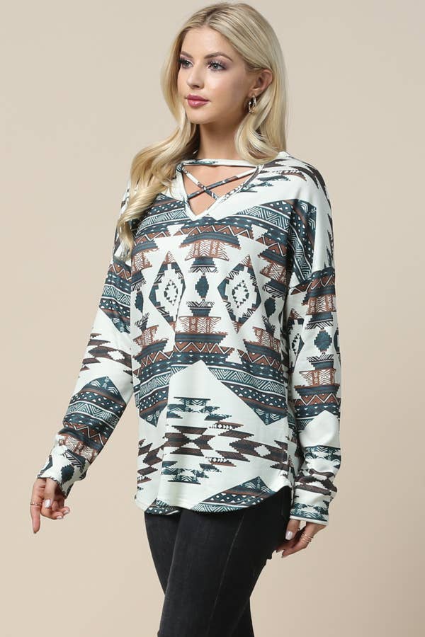 Aztec Print Cross V Neck Hacci Top - Ronnie