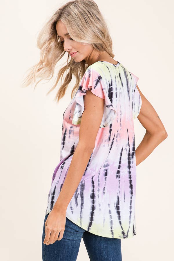 Tie-Dye Short Sleeve Ruffle Top