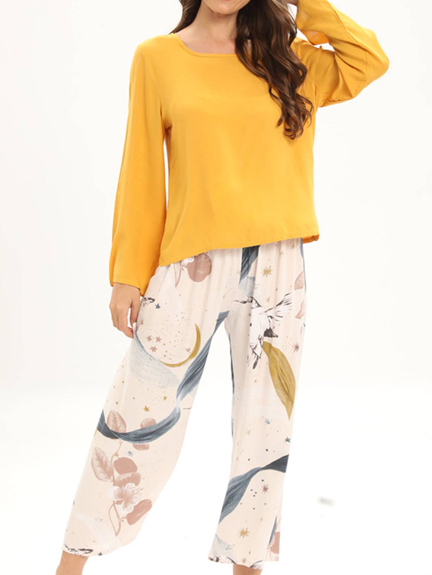 Pajama Set Soft Long Sleeve Top with Floral Pants Pjs Sleepw