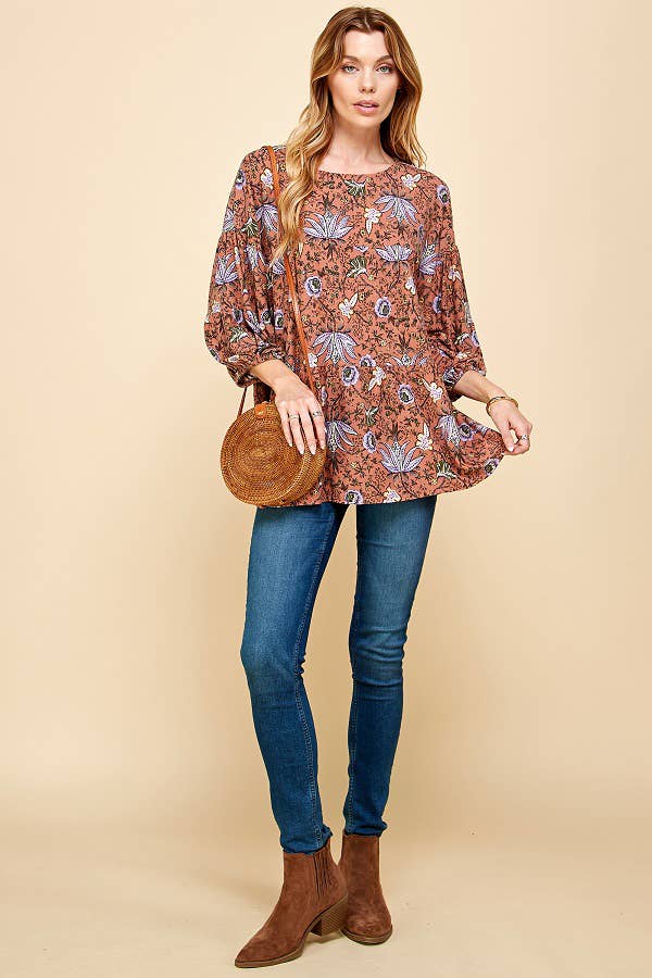 Vintage Floral Print Long Sleeve Top w/Elastic