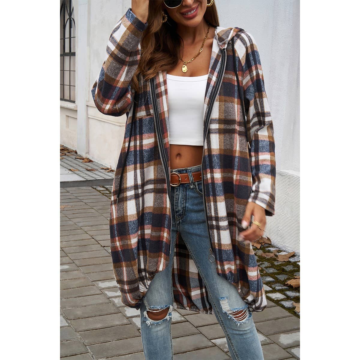 Plaid Zip Up Pockets Long Hooded Coat