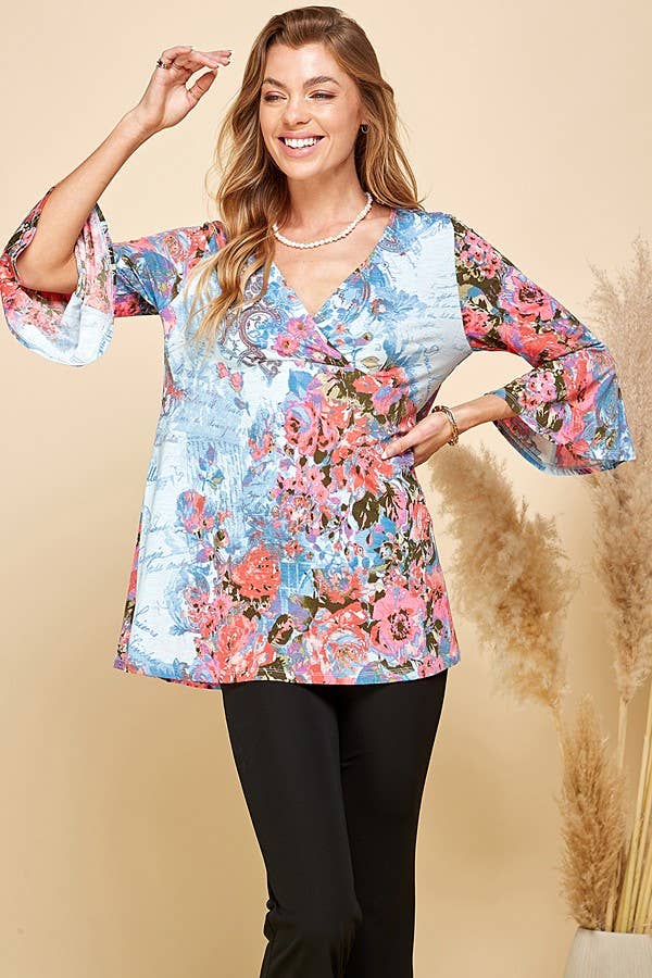 Women Floral Print 3/4 Sleeve Tunic Top