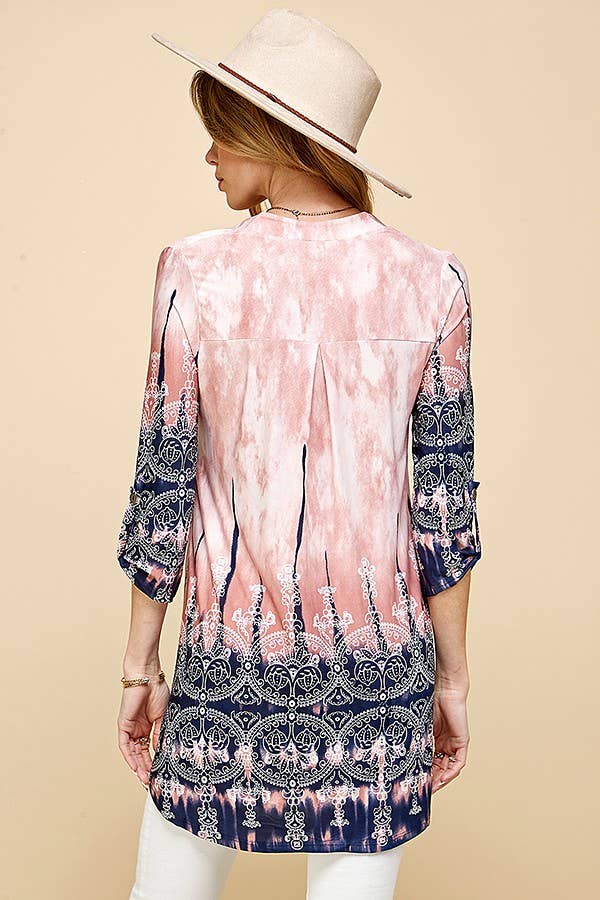 Women Paisley Tie Dye Roll Up Sleeve Tunic