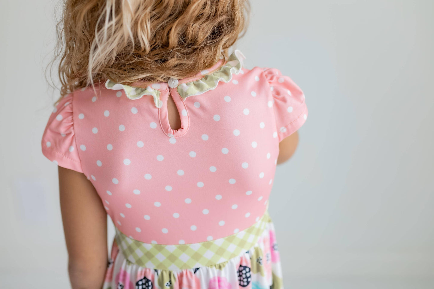 Kids Peach & Green Floral Gingham Summer Ruffle Dress