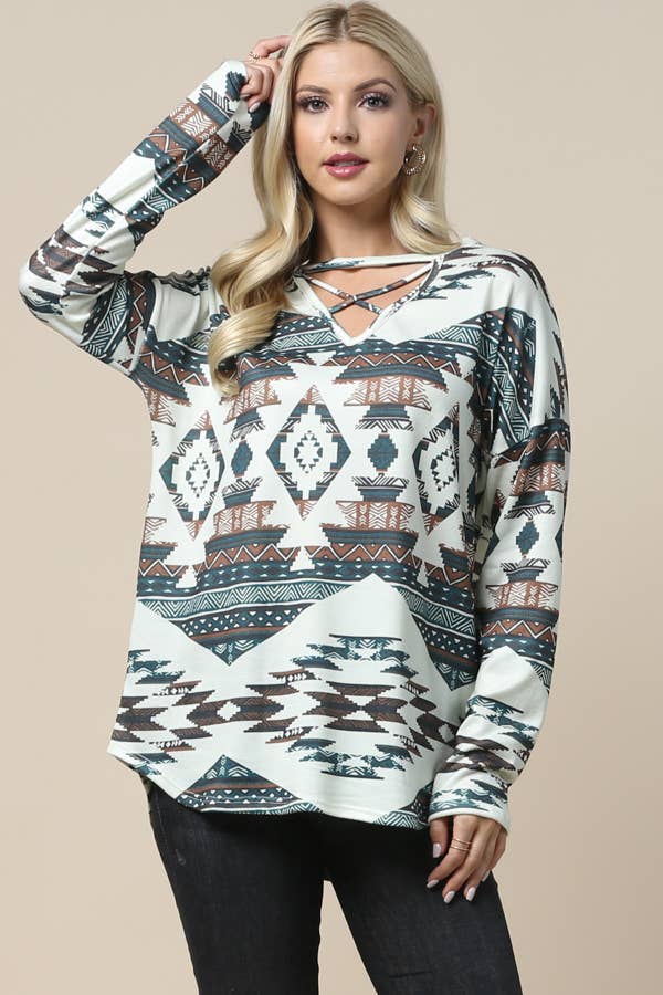Aztec Print Cross V Neck Hacci Top - Ronnie