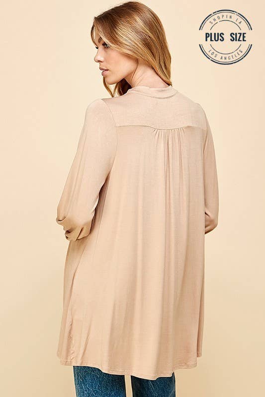 Plus Solid Collar Band Wrap Top With Tie