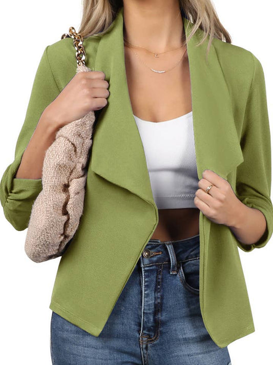 Casual Work Ruched 3/4 Slv Open Front Blazer Jacket