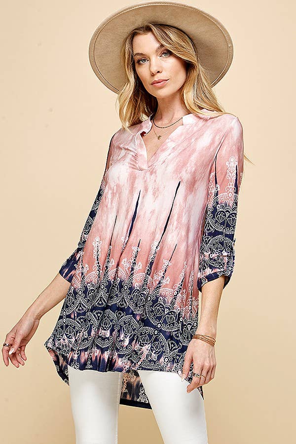 Women Paisley Tie Dye Roll Up Sleeve Tunic