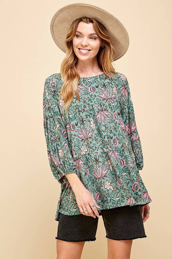 Vintage Floral Print Long Sleeve Top w/Elastic
