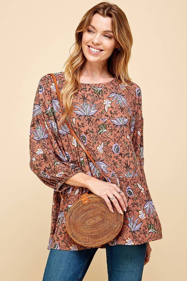 Vintage Floral Print Long Sleeve Top w/Elastic