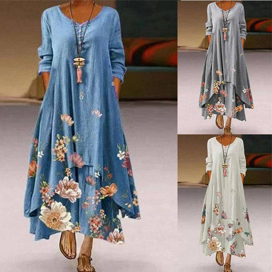 Fashion Boho Floral Printed Long Sleeve Women Irregular Hem Maxi Loose Dress