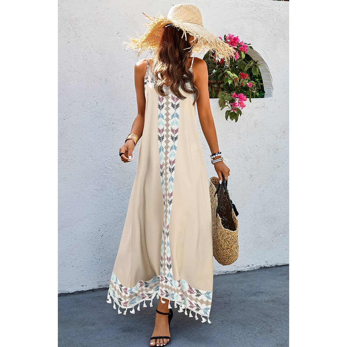 Asymmetric Hem Tassel Sleeveless Print Full Dress