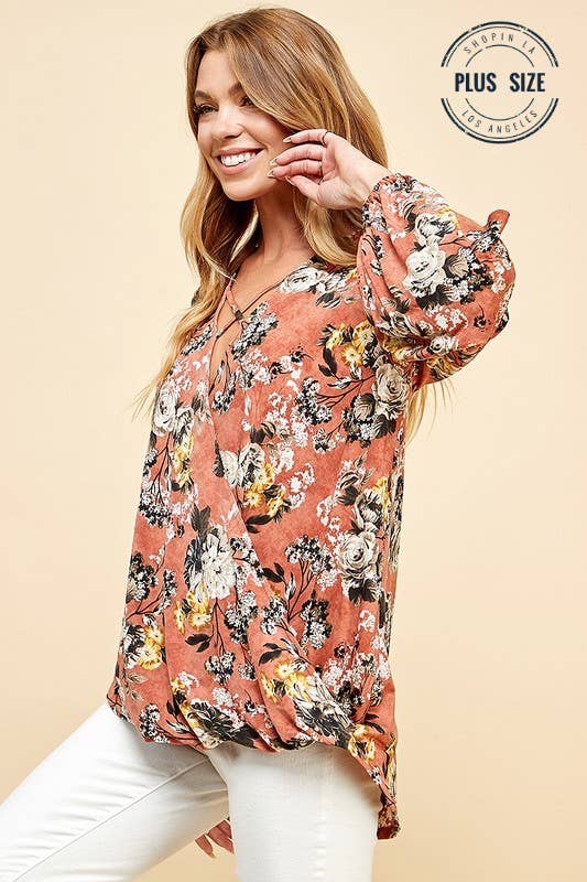 Plus Floral Criss Cross Cuffed Open Sleeve Top