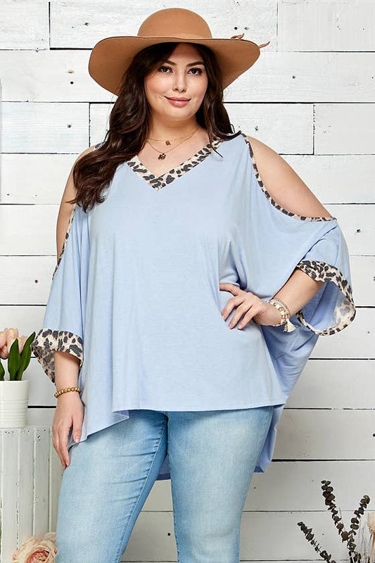 Plus Size Soft Leopard Contrast Open Sleeve Top
