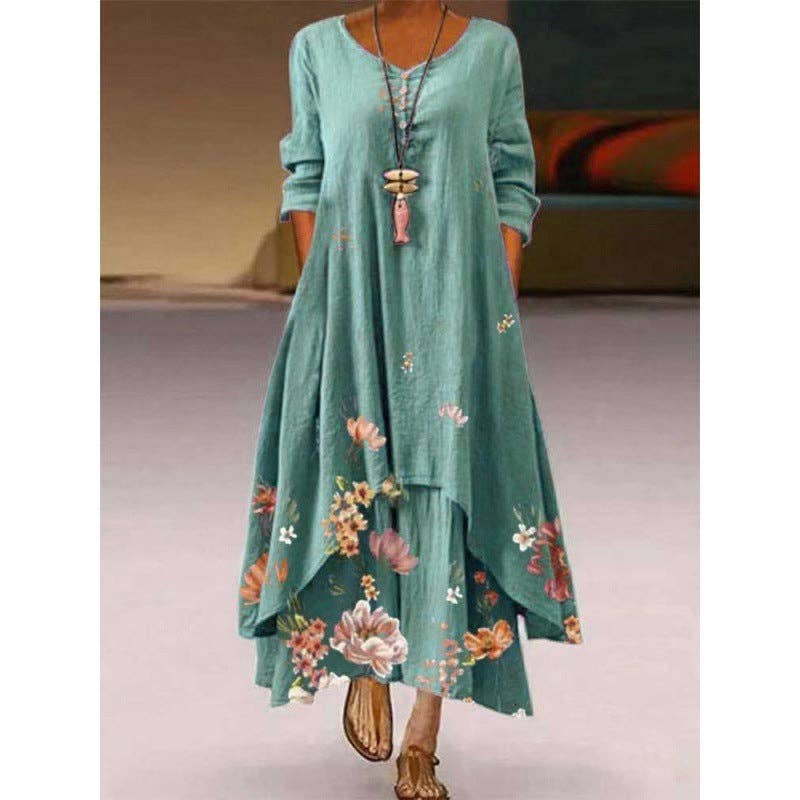 Fashion Boho Floral Printed Long Sleeve Women Irregular Hem Maxi Loose Dress