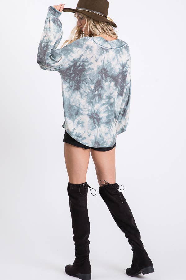Loose Fitting Tie Dye V neck Balloon Long Sleeve Top T3472