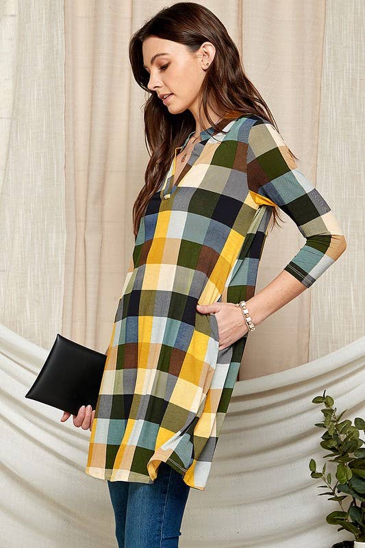 Women Band Collar Mini Pocket Dress