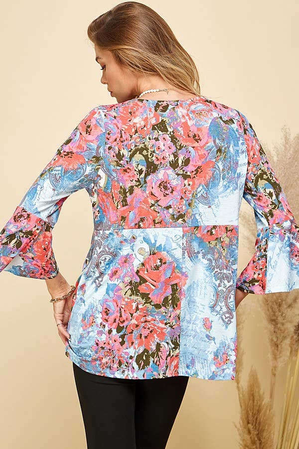 Women Floral Print 3/4 Sleeve Tunic Top