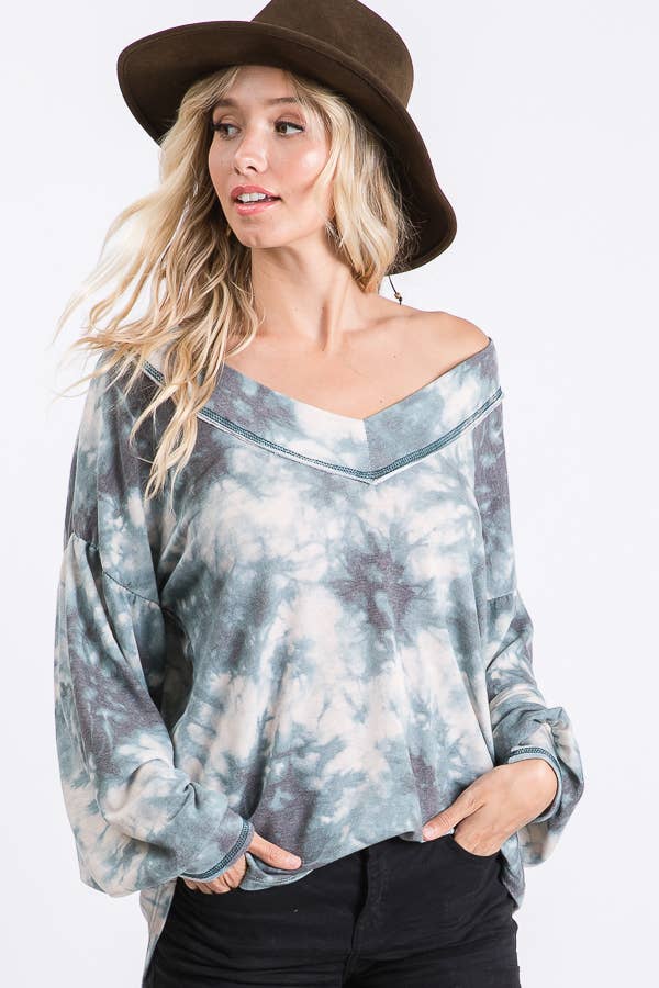 Loose Fitting Tie Dye V neck Balloon Long Sleeve Top T3472