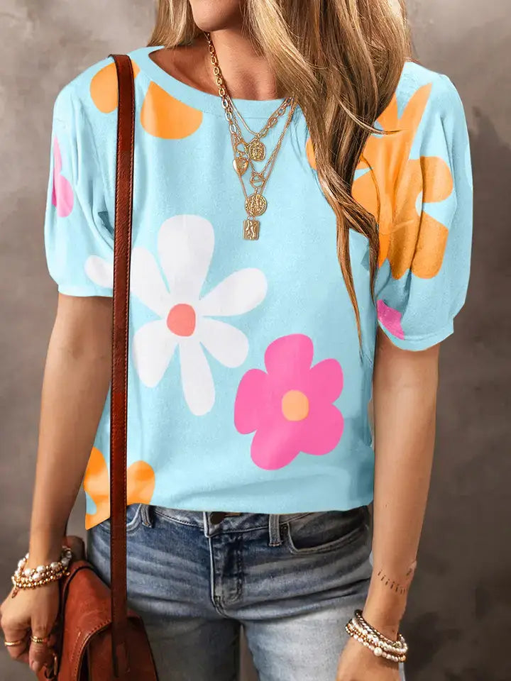 Colorful Floral Print Bubble Sleeve T-Shirt