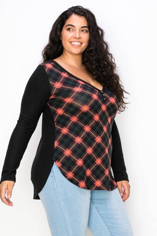 Plus Size Plaid Back Detail V Neck Top