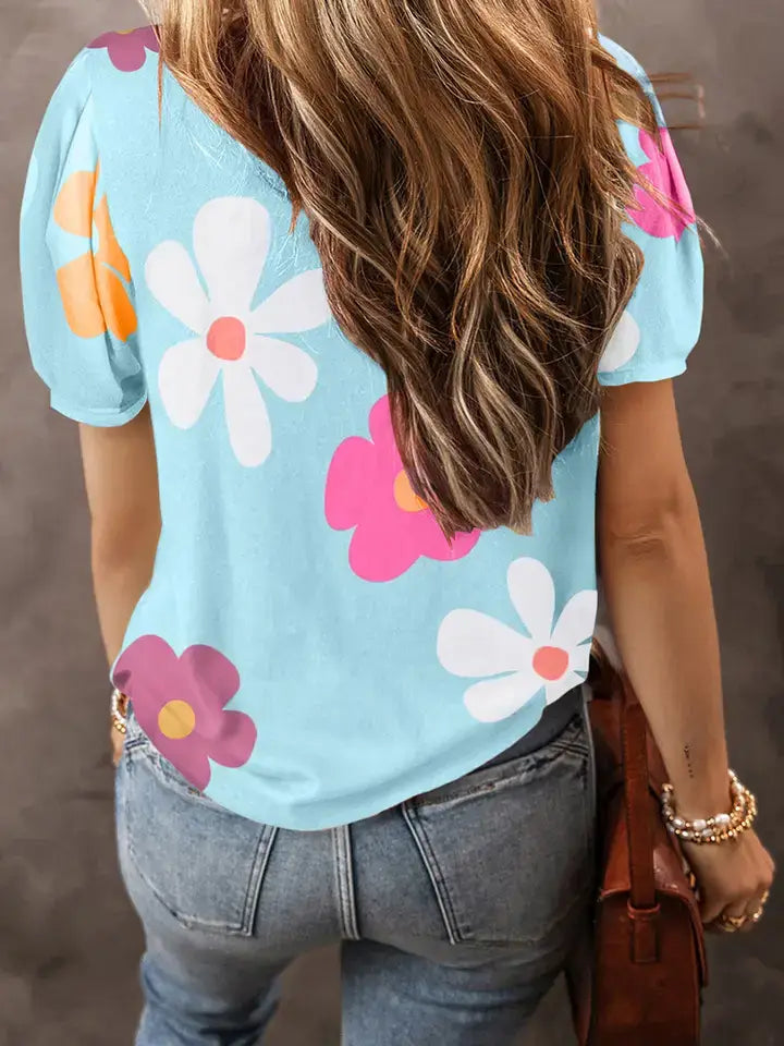 Colorful Floral Print Bubble Sleeve T-Shirt