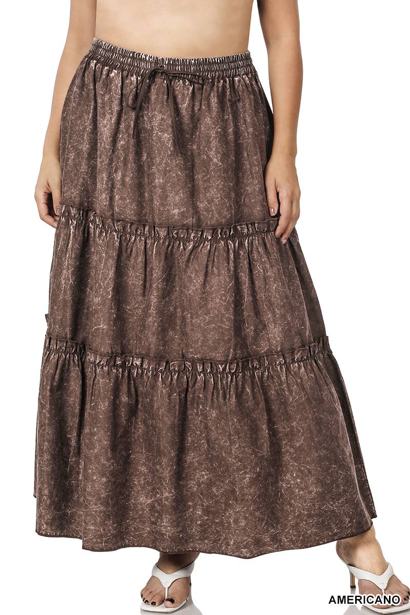 Plus Woven Acid Wash Tiered Ruffle Maxi Skirt