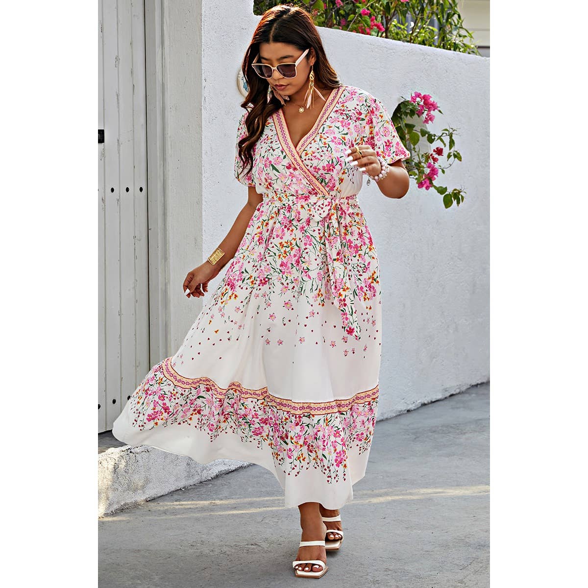 Plus Floral Print Wrap Ruffle Belt Knot Dress