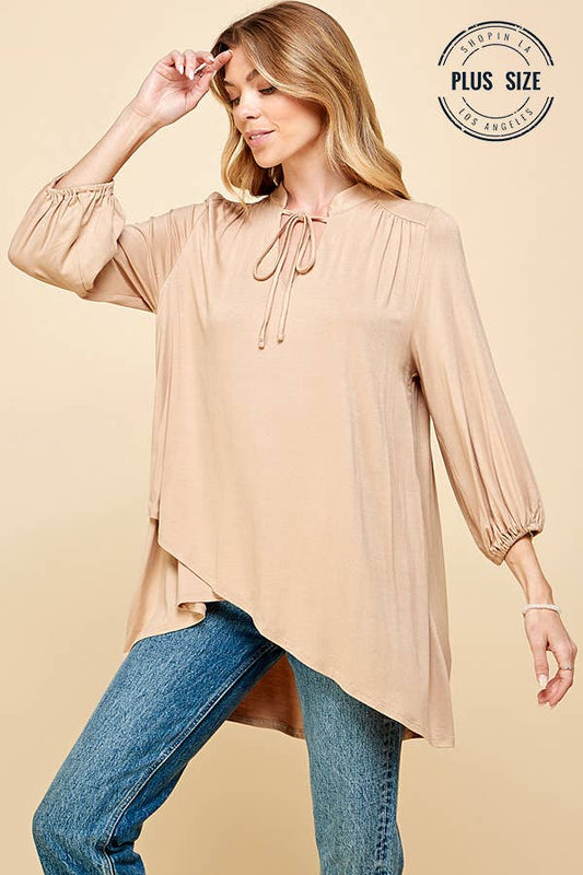 Plus Solid Collar Band Wrap Top With Tie