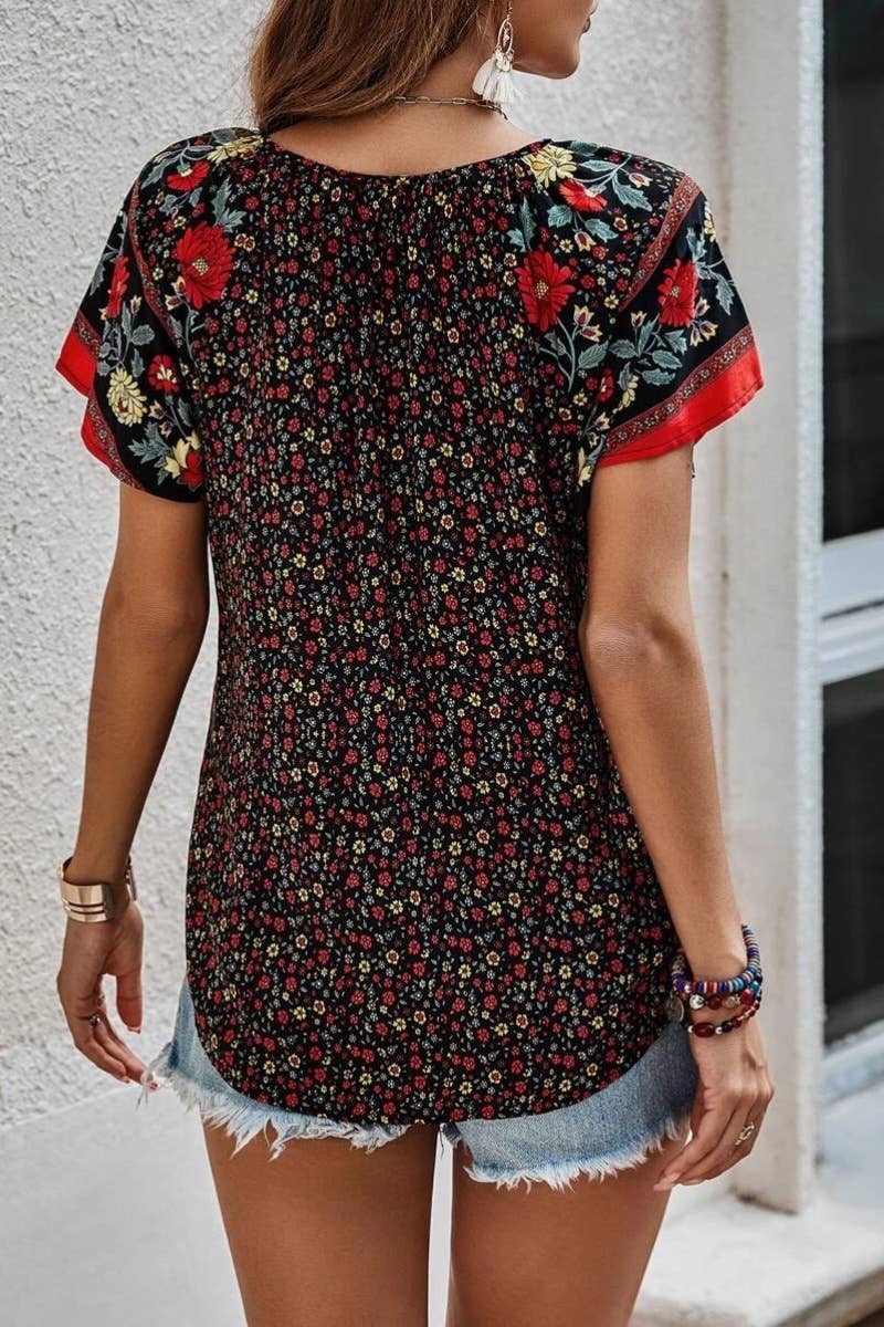 CASUAL BOHO V-NECK SHORT-SLEEVED SHIRT TOP