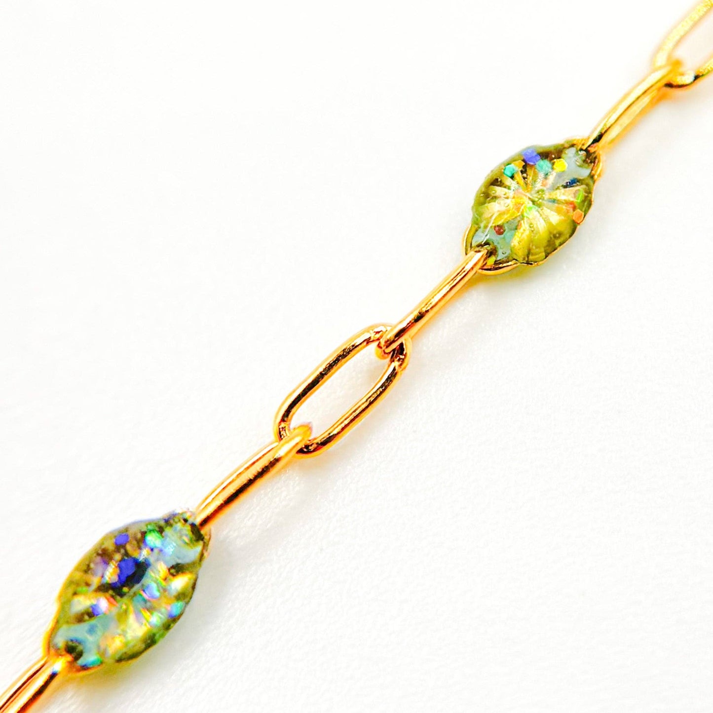 V250-OP3GF. Gold Filled Green Shade Color Opal Enamel Cable Chain