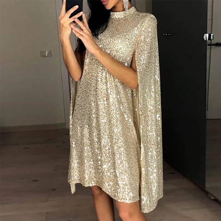 Sequin cape sleeve midi formal dress