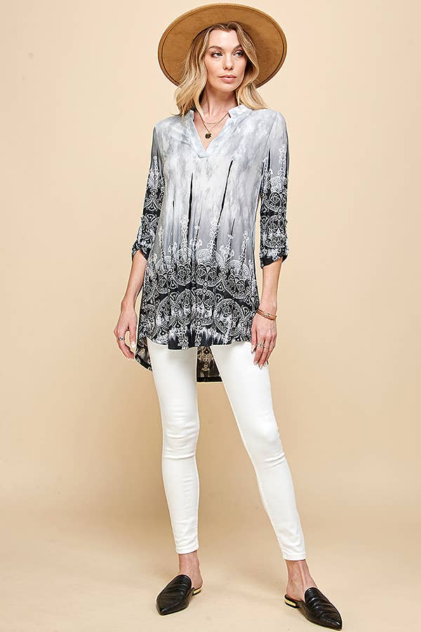 Women Paisley Tie Dye Roll Up Sleeve Tunic