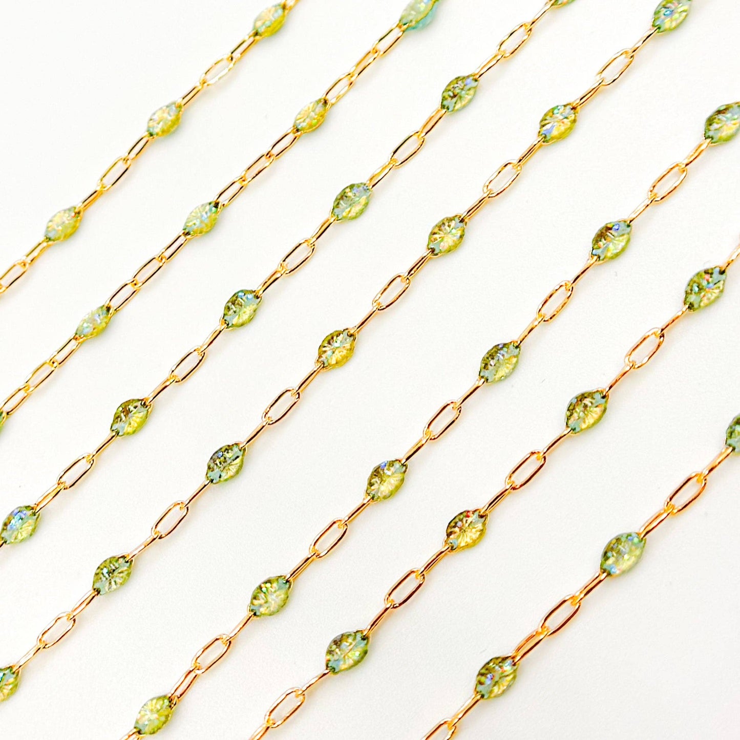 V250-OP3GF. Gold Filled Green Shade Color Opal Enamel Cable Chain