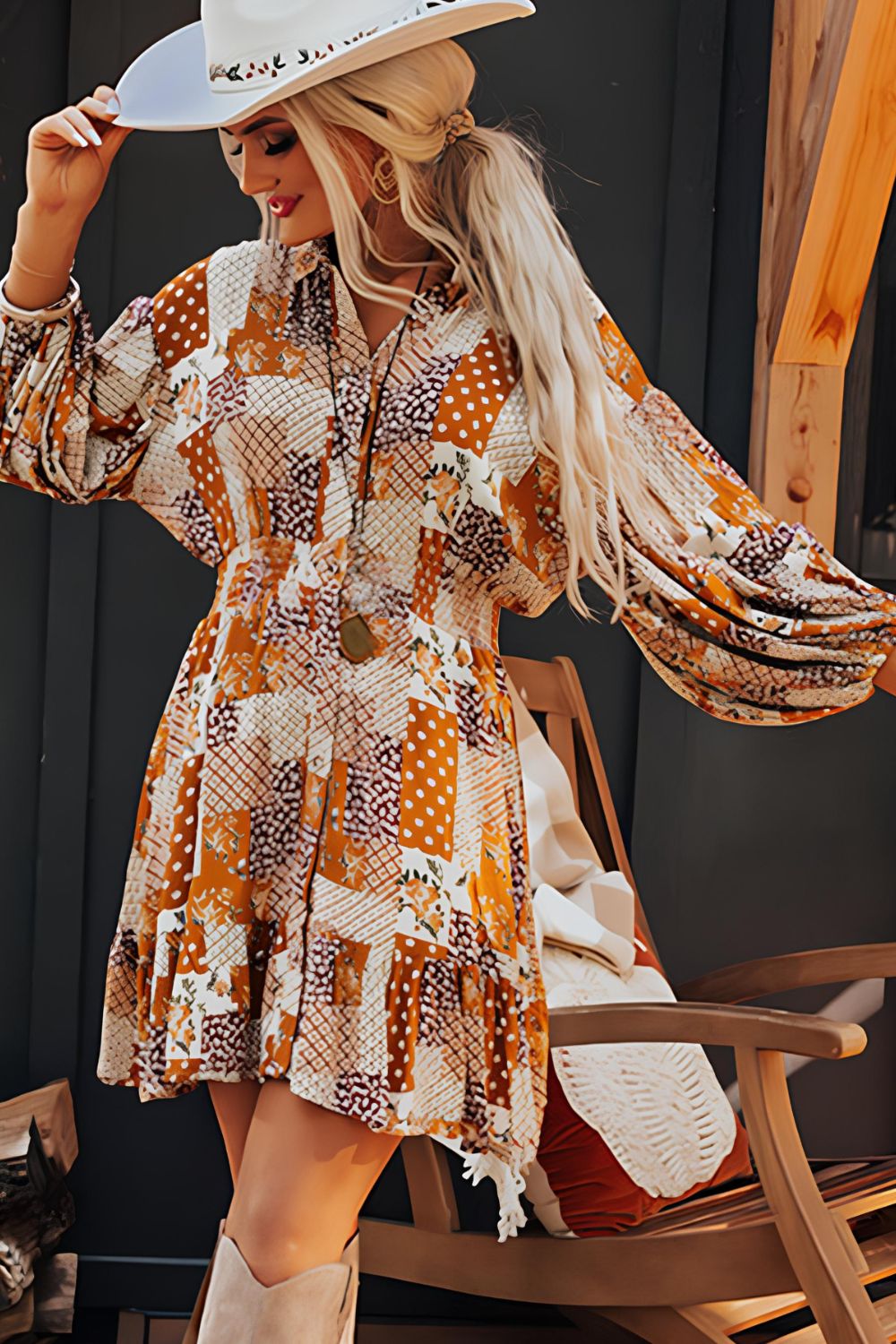 Printed Collared Neck Three-Quarter Sleeve Mini Shirt Dress