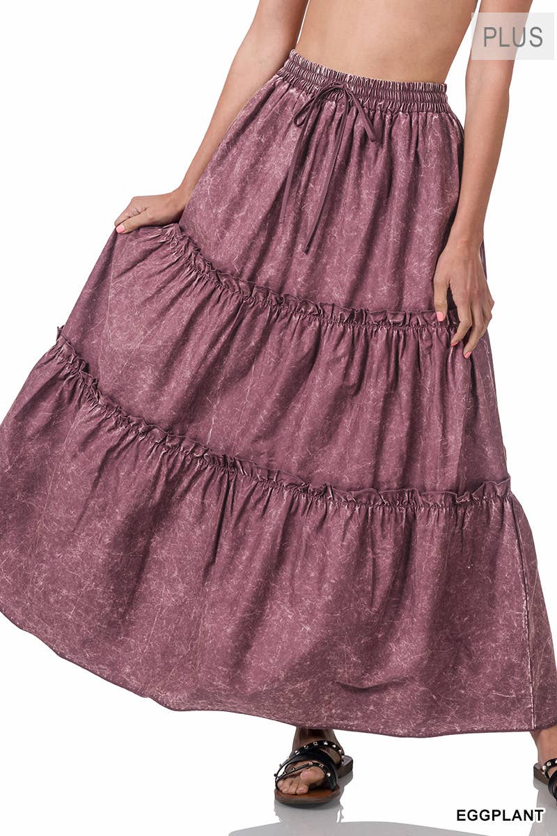 Plus Woven Acid Wash Tiered Ruffle Maxi Skirt